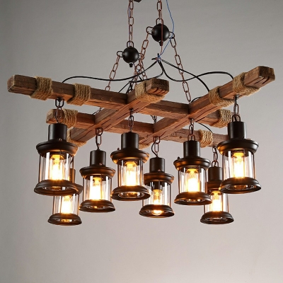 Wooden Industrial Chandelier 8-Light Distressed in Black Iron Chandelier with Bottle Shade