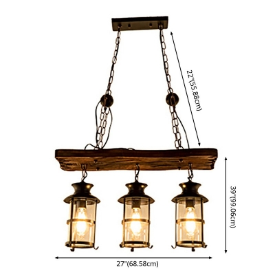 Distressed Wood Kerosene Lantern Ceiling Lighting Industrial Clear Glass 3 Bulbs Warehouse Island Light