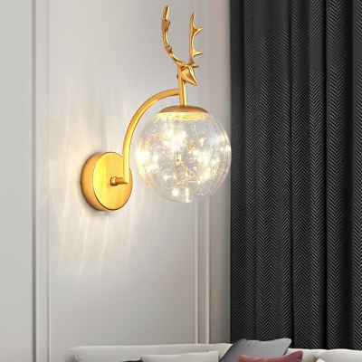 Glass Spherical Sconce Light Contemporary Antlers Warm Light Wall Mount Lighting with Arc Arm