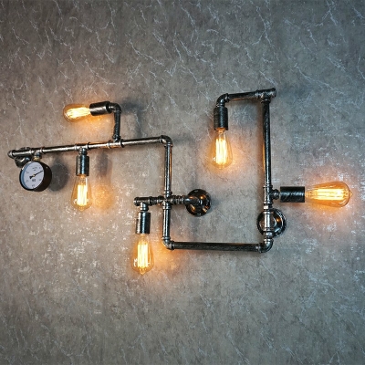 Industrial Style Pipe Wall Lamp Metal 5 Light Wall Light in Rust for Coffee Shop