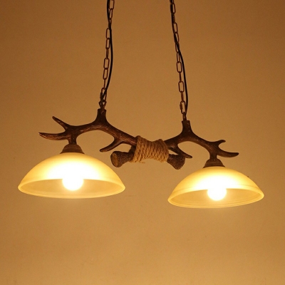Rustic Style Domed Shape Chandelier 2 Bulbs Resin and Frost Glass Hanging Light with Deer Horn Decoration