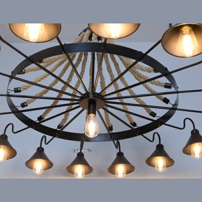 Rustic Style Rope Hanging Light Black Cone-Shaped Chandelier Lamp Restaurant Suspension Light