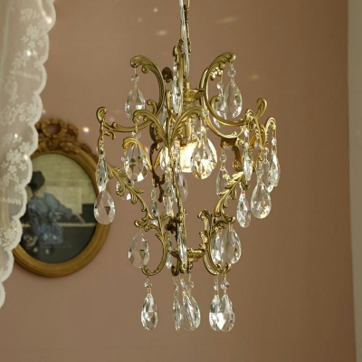 Traditional Style 1 Tier Transparent Crystal Drop Chandelier Brass Hanging Lamps for Living Room Bedroom
