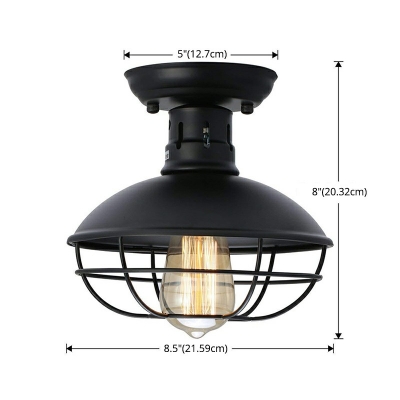 Barn Wrought Iron Semi Flush Light Rustic Style 1 Bulb Black Ceiling Mounted Light with Wire Frame