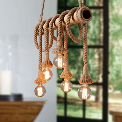 Flaxen Exposed Bulb 6-Bulb Hanging Lamp Bar Lodge Hemp Rope Dinette Island Light with Bamboo Pole