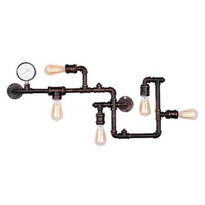 Industrial Maze Pipe Sconce Lighting 5-Head Iron Wall Mount Lamp in Rust Red with Gauge Deco