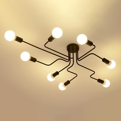 Industrial Style Sputnik Shaped Semi Flush Mount Light Metal 8 Light Ceiling Light for Clothing Store