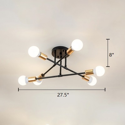 Modern Crossed Lines Semi Flush Light Metallic 6 Bulbs Decorative Lighting Fixture in Brass