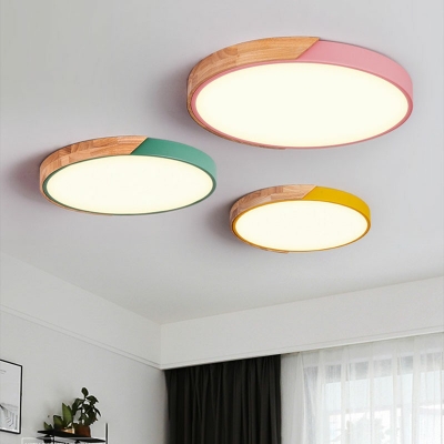 Modern Style Macaron Round Shaped Flush Mount Light Wood 1 Light Ceiling Light for Living Room
