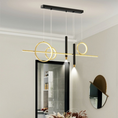 Modernist Metallic Circle and Linear Island Light 6 Head Suspension Pendant for Dining Room