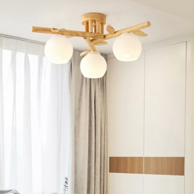 White Sphere Glass Flush Mount Lamp Modern Simplistic Wooden Indoor Semi Flush Chandelier