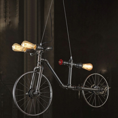 Wrought Iron Bike Shaped Chandelier Nautical Industrial Style 3 Light Hanging Pendant in Black