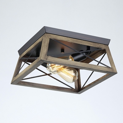 2-Light Flush Mount Lighting Modern Style Square Shape Wood ​Ceiling Light