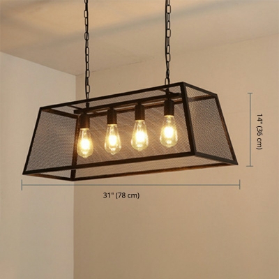 4 Lights Trapezoid Island Chandelier Industrial Lights Rectangle Hanging Mesh Lamp Wire Cage