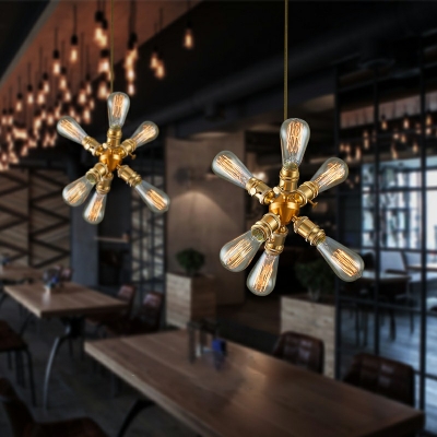 Industrial Living Room Pendant Iron Details 6-Blub 13 Inchs Height Hanging Lamp with Round Canopy