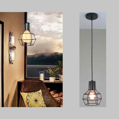 Industrial Style Cage Shaped Pendant Light Meatl 1 Light Hanging Lamp in Black