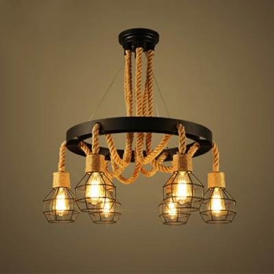 Industrial Style Multi Light Pendant Nature Rope 6 Light Hanging Lamp for Restaurant