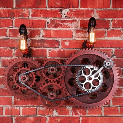 Industrial Style Pipe Shaped Wall Lamp Metal 2 Light Wall Light in Rust for Coffee Shop
