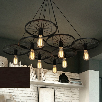 Industrial Style Wheel Shaped Pendant Light Metal 8 Light Hanging Lamp for Restaurant