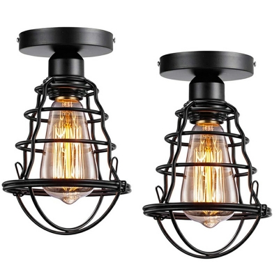 Industrial Style Wire Cage Shaped Semi Flush Mount Light Metal 1 Light Ceiling Light in Black