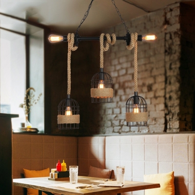 Iron Wire Cage Shade Solid Wooden Island Pendant Retro Industrial Style Hemp Rope Ceiling Hang Light