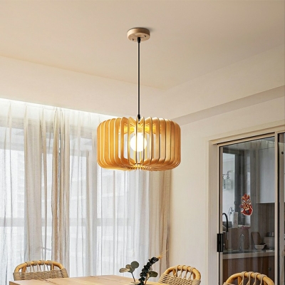 Japanese Style Wood Hanging Light 1 Bulb LED Lantern Shaped Pendant Light for Living Room