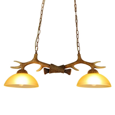 Rustic Style Domed Shape Chandelier 2 Bulbs Resin and Frost Glass Hanging Light with Deer Horn Decoration