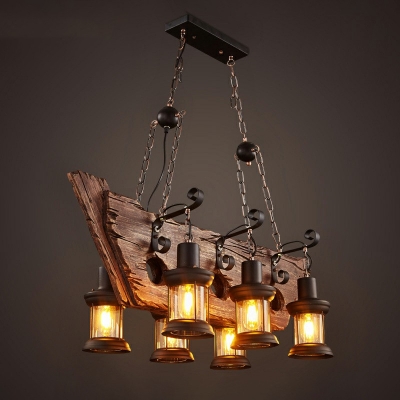 Wood Ship Chandelier Lamp Nautical 6-Light Dining Room Hanging Pendant with Kerosene Lampshade