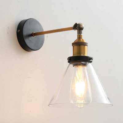 1 Light Metal Wall Lamp Sconce Vintage Cone Glass Wall Sconce Light in Black