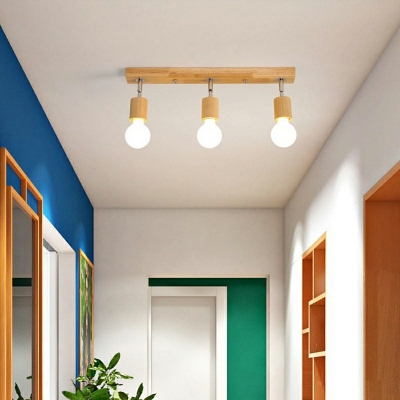 3-Bulb Living Room Ceiling Track Lighting Wood Modernism Semi Flush Light Fixture
