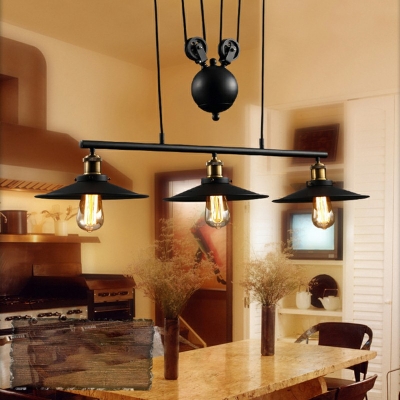 3-Head Saucer Shade Island Light Liftable Industrial Retro Style Suspended Lighting Fixture in Black