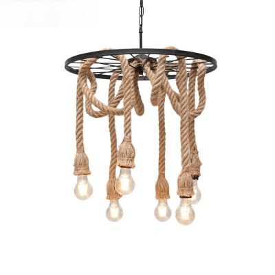 6-Light Multiple Hanging Lights Industrial-Style Looped Shape Hemp Rope Lighting Pendant