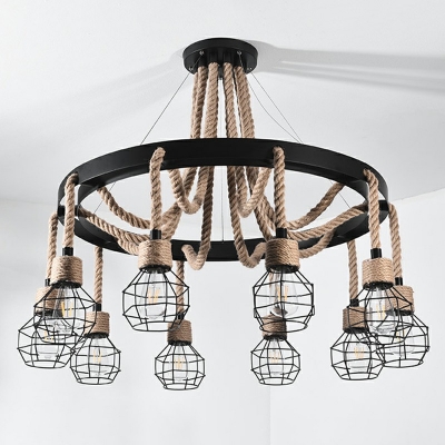Beige Rope Industrial Restaurant Suspension Light Cage Shade Hanging Chandelier Fixture in Indoor Room