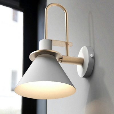 Children Bedroom Iron Shade Wall Sconce Flared Shaped Macaron Colour 1-Head Wall Lantern with Arc Arm