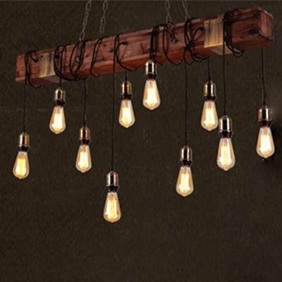 Distressed Wood Island Light Fixture Linear 10 Heads Rustic Pendant Lighting with Open Bulb Design