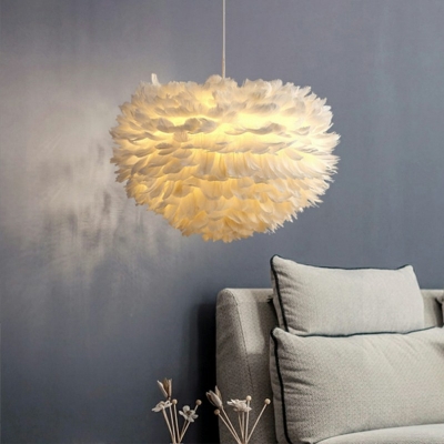 Feather Sphere Pendant Lamp 5 Bulb White Feather Bedroom Hanging Chandelier