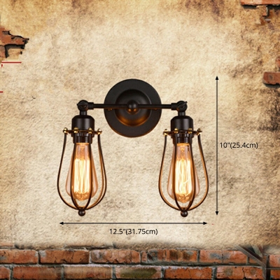 Industrial Iron Tubular Cage 2 Lights 12.5 Inchs Length in Black LED Wall Sconce for Corridor