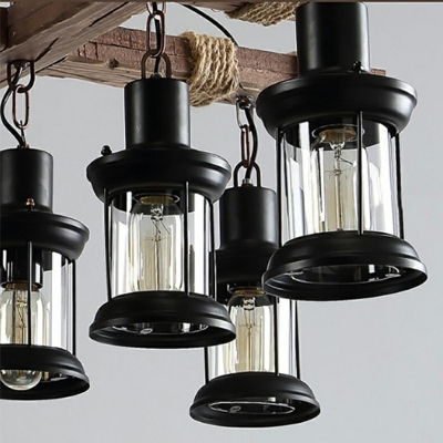 Industrial Style Cylinder Chandelier Light Retro Wood Suspension Pendant Light for Coffee Shop