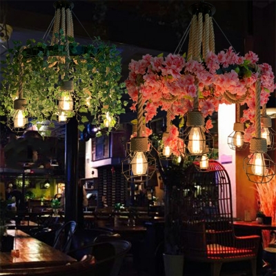 Industrial Style Multi Light Pendant Nature Rope 8 Light Plants Decorative Hanging Lamp for Restaurant