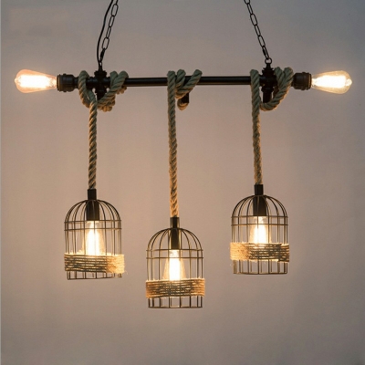 Iron Wire Cage Shade Solid Wooden Island Pendant Retro Industrial Style Hemp Rope Ceiling Hang Light