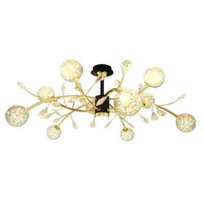Minimalistic Simple Clear Glass Semi Flush Light with Crystal Twig Ceiling Mounted Chandelier