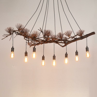 Wooden Pendant Light Swag Lamp 8 Lights Cluster Pendant with Wire Jungle