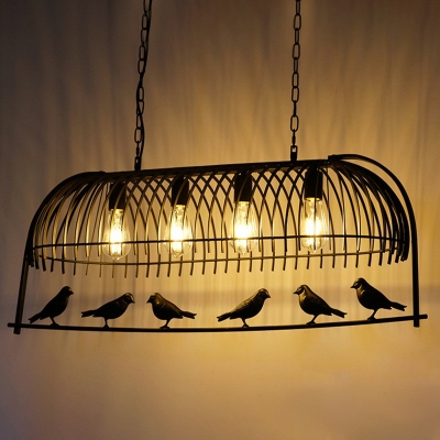 4-Bulb Industrial Style Black Island Light Mental Island Pendant Light with Open Cage