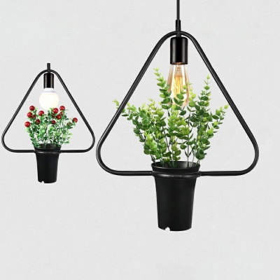 Industrial Triangle Shade Pendant Light Metal 1 Light Plants Decorative Hanging Lamp, with Plants