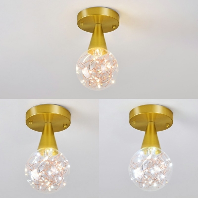 Postmodern Style Ball Shade Semi Flush Mount Clear Glass Ceiling Lamp in Gold LED Light for Hallway