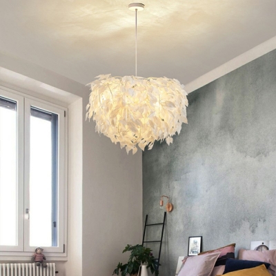 White Sphere Chandelier Pendant Light  Contemporary Style Feather Suspended Lighti for Sitting Room