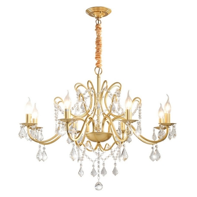6/8/10 Lights Candlestick Chandelier Light Country Style Clear Crystal Hanging Pendant in Gold for Dining Room