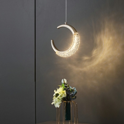 Contemporary Minimalism Style Moon Shape Suspension Light LED Acrylic Hanging Lamp Fixture in Gold