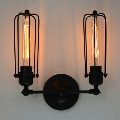 Industrial Iron Tubular Cage 2 Lights 12 Inchs Length in Black LED Wall Sconce for Corridor