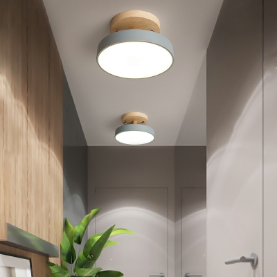 Nordic Style Round Metal Semi Flushmount LED Flush Mount Ceiling Light with Wood Canopy